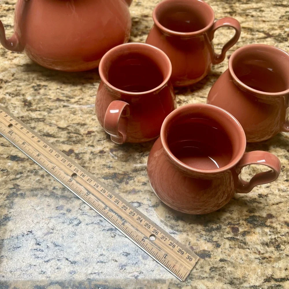 Vintage Terracotta Ceramic Teapot and 4 Mug Tea Set Glossy Coral‎ Rust